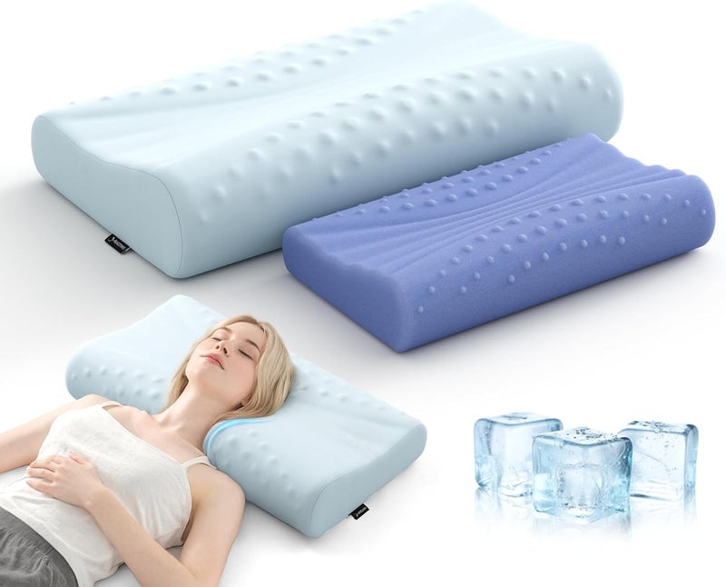 Ruizman Memory Foam Contour Pillow - Cooling Cervical Neck Pillow for Sleeping - Patented Ergonomic 2 Heights Design Contour Pillow for Side Back Stomach Sleepers (Light Blue) - Image 1